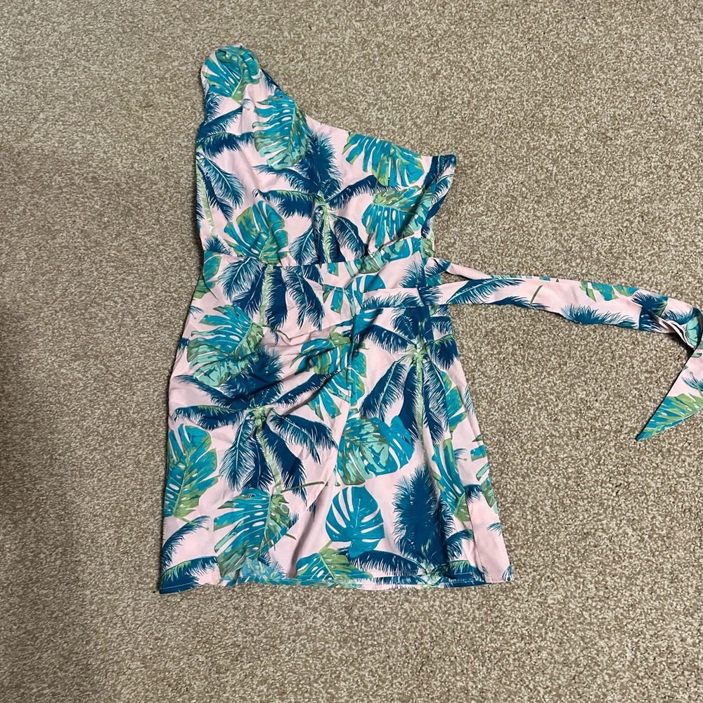 Cupshe One Shoulder Tropical Print Dress - Pink and Blue